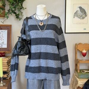 Grey Black Bold Striped Oversized Dad Sweater Emo Grunge Vintage XL